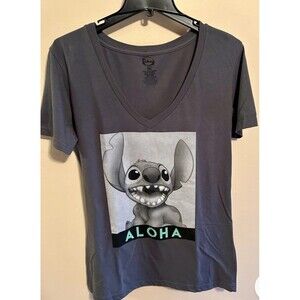Disney Gray V Neck Stitch Graphic T Shirt Junior Size XXL Aloha 100% Cotton